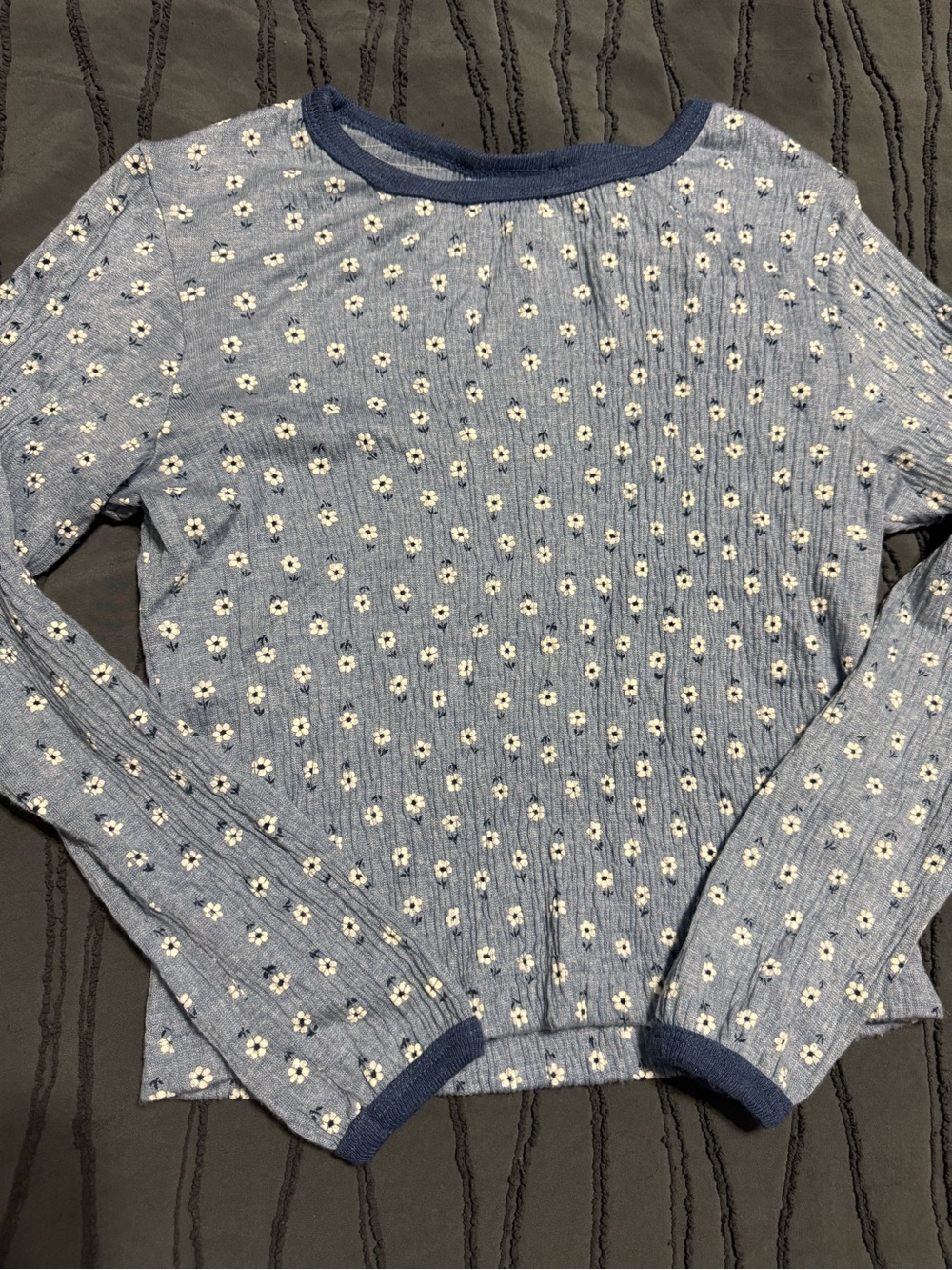 Wrangler Light Blue Floral Ribbed Crewneck Sweater with Navy Trim